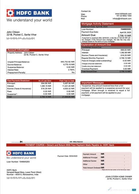 Download India HDFC Bank mortgage statement Word and PDF template Photoshop template